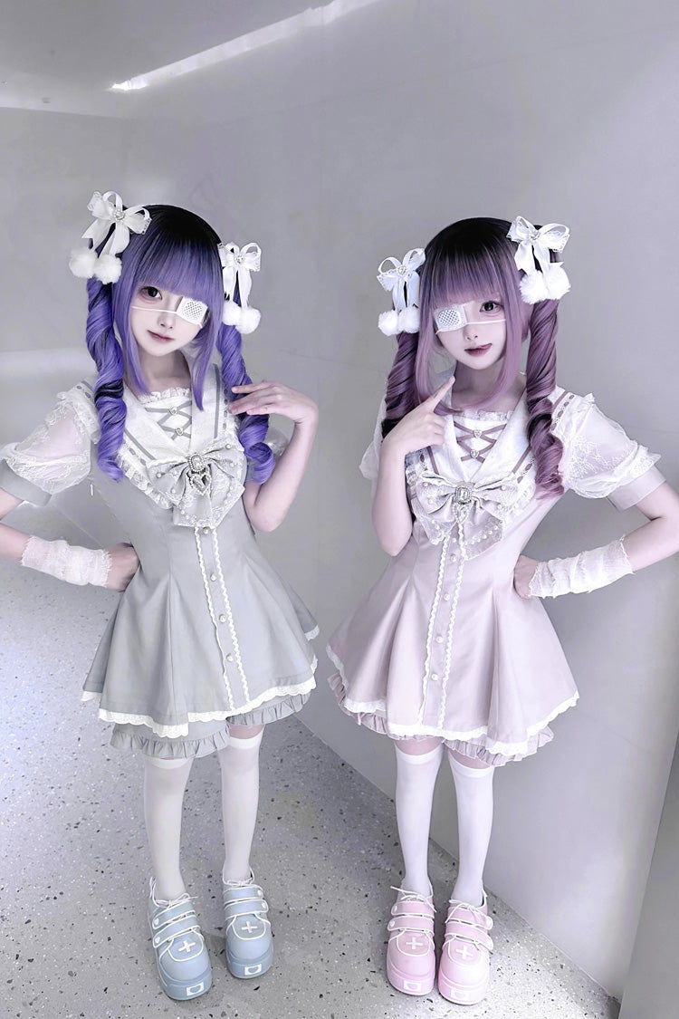 Sweet Short Sleeves Print Bowknot Jirai Kei Japanese Dress Set 3 Colors - Product - 13