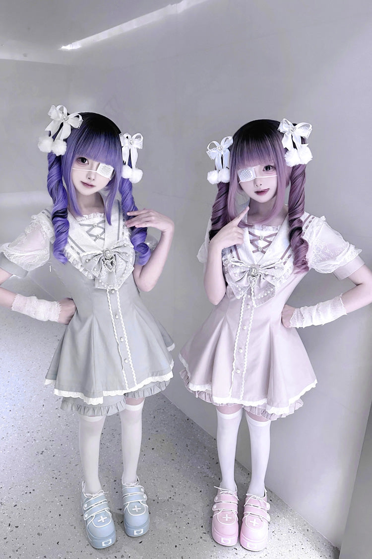 Sweet Short Sleeves Print Bowknot Jirai Kei Japanese Dress Set 3 Colors - Product - 13