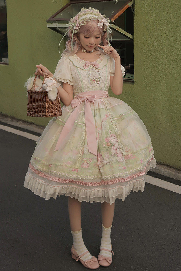 Pink/Green [Bamboo Rabbit] Peter Pan Collar Short Sleeves Printed Ruffled Embroidered Bow Sweet Lolita Dress - Product - 10