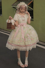 Pink/Green [Bamboo Rabbit] Peter Pan Collar Short Sleeves Printed Ruffled Embroidered Bow Sweet Lolita Dress - Product - 10