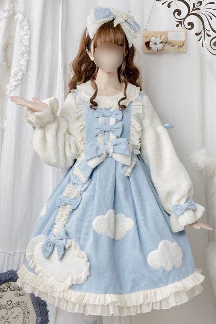 [Winter Clouds Clear Up] Long Sleeves Ruffle Bowknot Lace Sweet Lolita Dress 2 Colors - Blue - 1