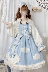 [Winter Clouds Clear Up] Long Sleeves Ruffle Bowknot Lace Sweet Lolita Dress 2 Colors - Blue - 1