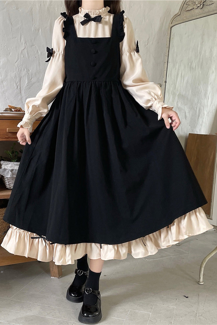 Black/Apricot Japanese Long Puff Sleeves Ruffle Bowknot Sweet Lolita Dress 2 Colors - Product - 6