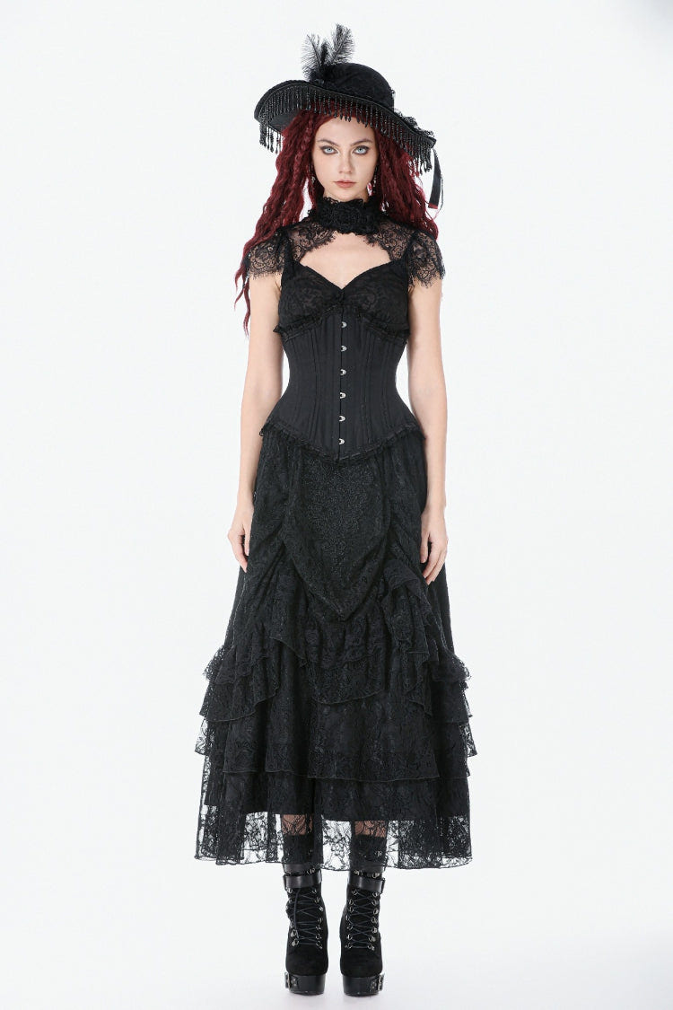 Black Sleeveless Lace Irregular Lace-Up Women's Gothic Underbust Corset - Product - 6