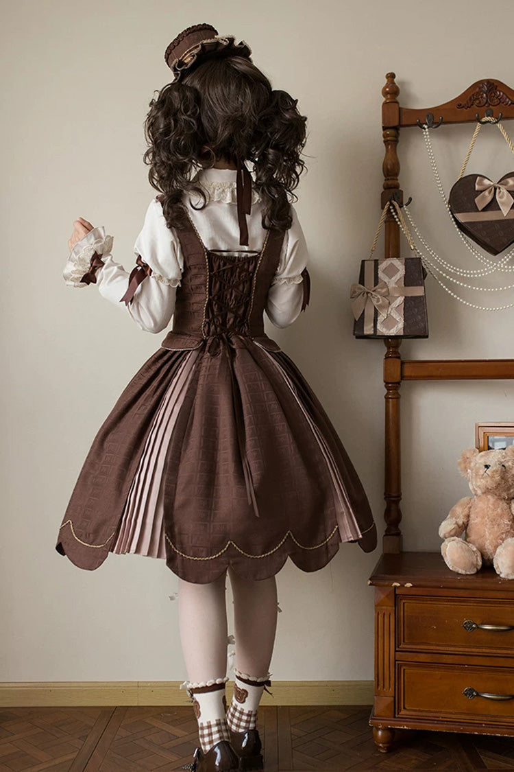 Brown [Teddy Chocolate Bar] Printed Embroidered Bow Lace-Up Classic Lolita Jsk Dress and Skirt - Product - 11