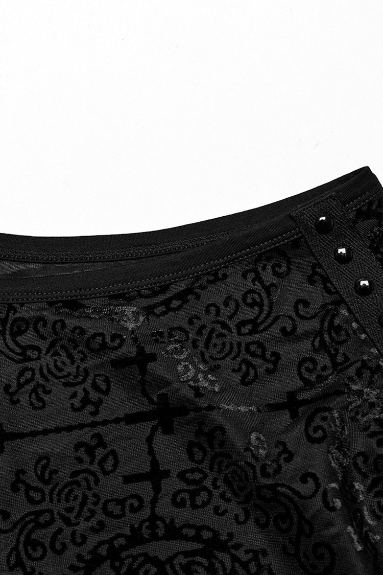 Black Sleeveless Beaded Cross Flocking Print Men's Gothic Tank Top - Product - 7