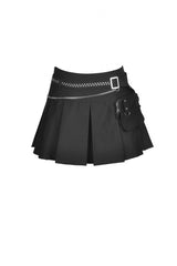 Black Pleated Big-pocket Chain-Decorated Women's Punk Mini Skirt with Belt - Product - 3