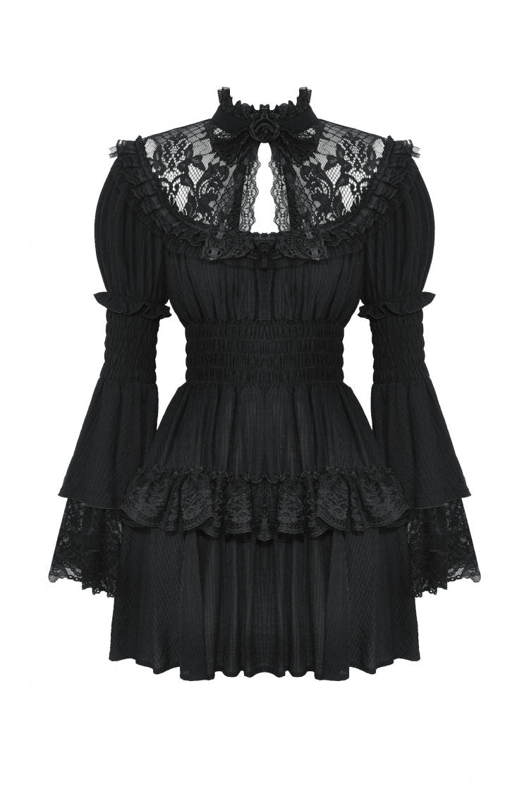 Black Lace Ruffled Stand Collar Long Puff Sleeves Cut-Out Women's Gothic Grad Dress - Product - 3