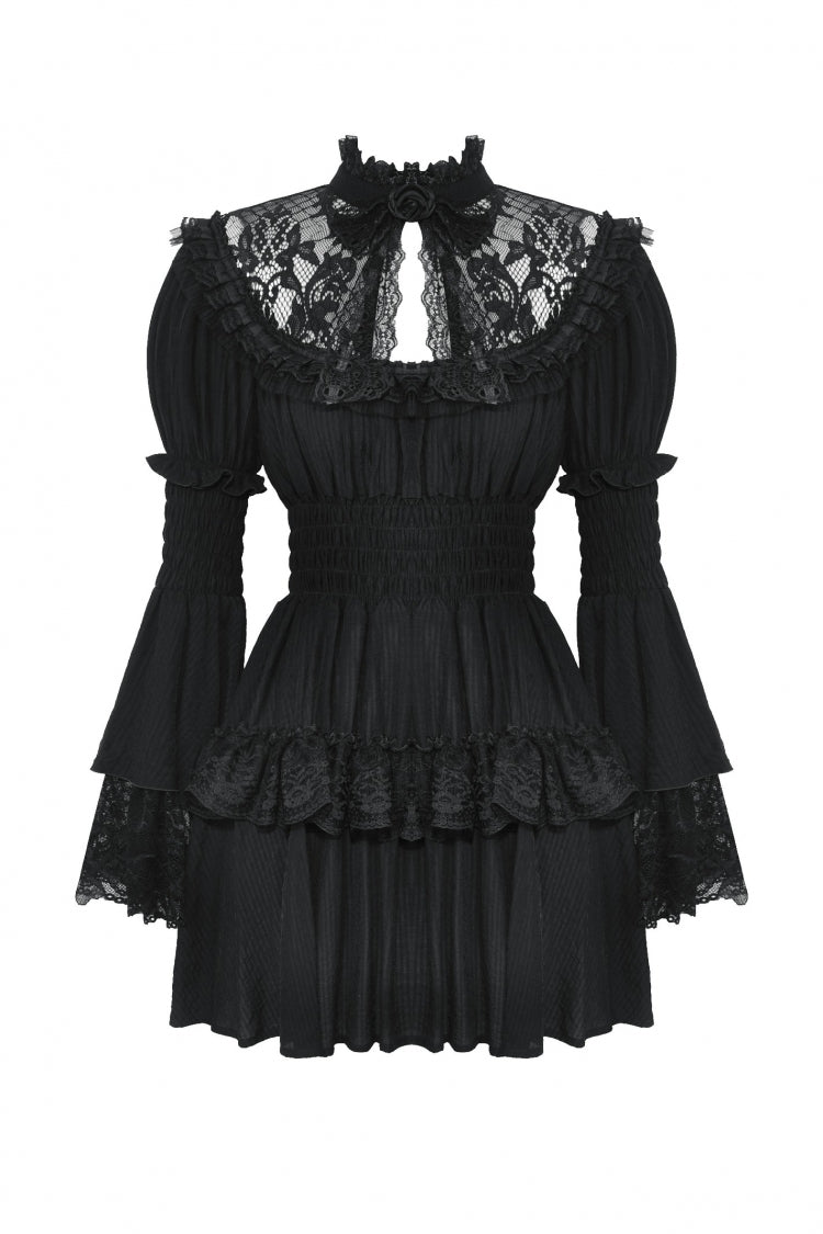 Black Lace Ruffled Stand Collar Long Puff Sleeves Cut-Out Women's Gothic Grad Dress - Product - 3