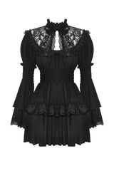Black Lace Ruffled Stand Collar Long Puff Sleeves Cut-Out Women's Gothic Grad Dress - Product - 3