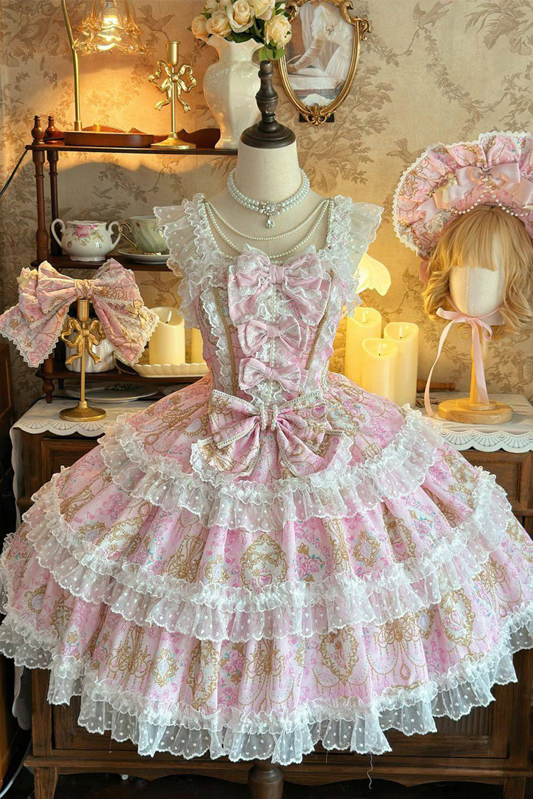 Pink [Candelabrum Elegy] Sleeveless Triple-Layered Flower Wall Printed Ruffled Bow Lace Sweet Lolita Jsk Dress - Product - 3