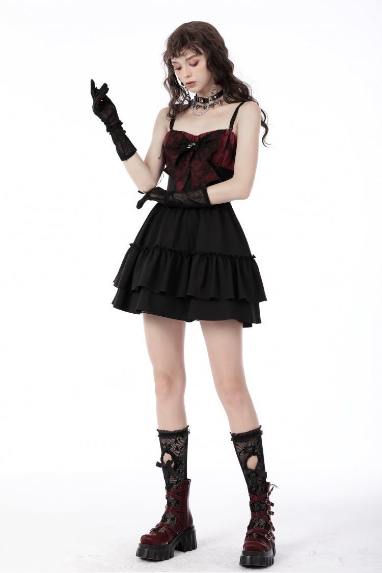 Black/Red Sleeveless Bowknot Lace-Up Double-Layered Frilly Women's Gothic Slip Graduation Dress - Product - 7