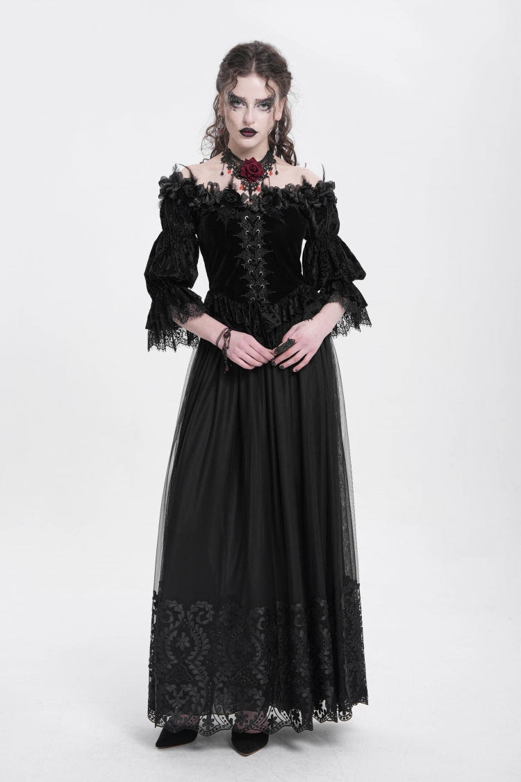 Black Off Shoulder Long Sleeves Ruffle Embroidery Lace-Up Women's Gothic Blouse - Product - 10