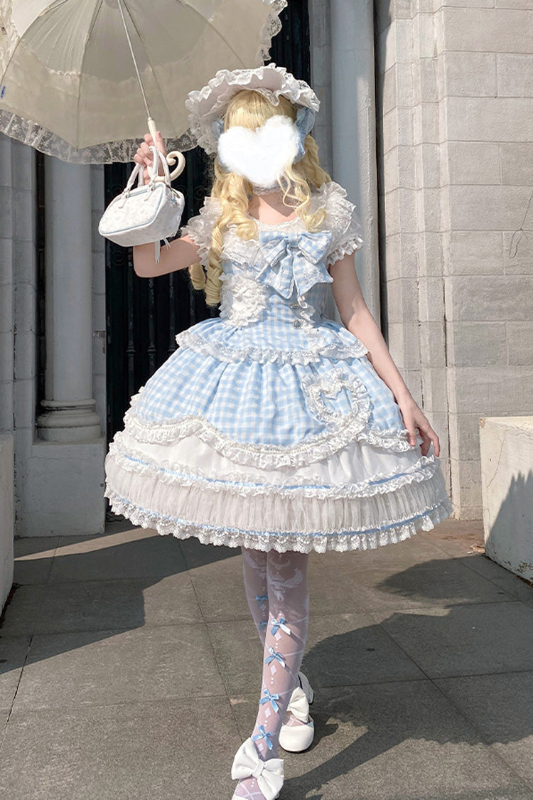 Blue [Tea Break Sweetheart] Short Sleeves Multi-Layered Plaid Print Ruffle Sweet Lolita Dress - Product - 12