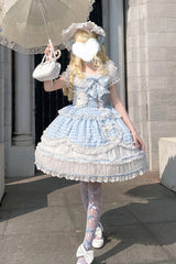 Blue [Tea Break Sweetheart] Short Sleeves Multi-Layered Plaid Print Ruffle Sweet Lolita Dress - Product - 12