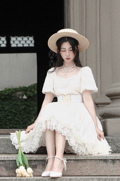 Elegant Vintage Tulip Square Collar Lantern Sleeves Multi-Layer Ruffled Classic Lolita OP Dress Short Version - Product - 5