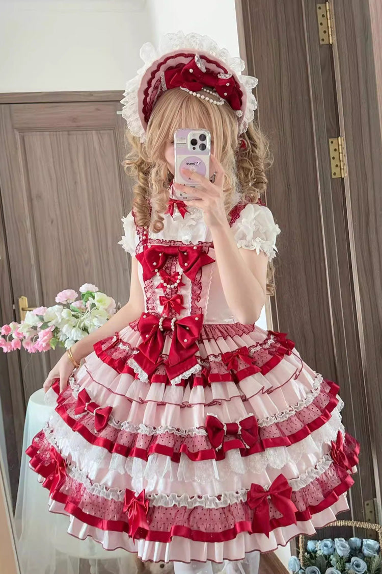 Red [Ribbon Berries] Sleeveless Multi-Layered Ruffle Bowknot Lace Sweet Lolita Jsk Dress - Red - 1