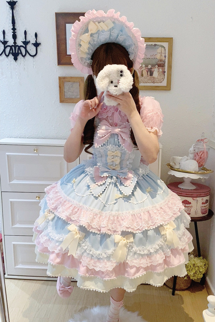 Blue/Pink [Fondant Cake] Sleeveless Multi-Layered Ruffle Bowknot Lace Sweet Lolita Jsk Dress - Product - 12