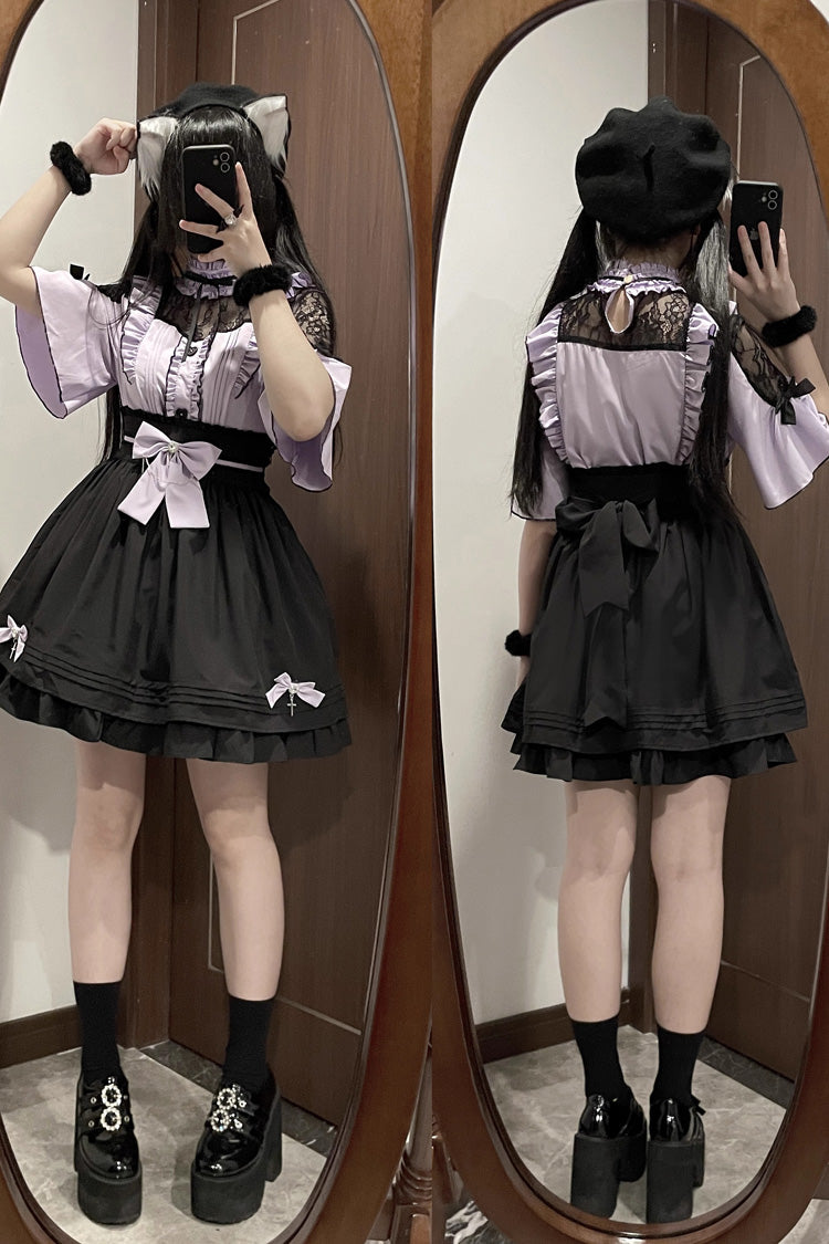 Magical Girl Short Sleeves Ruffle Embroidery Bowknot Lace Sweet Jirai Kei Lolita Set 4 Colors - Purple/Black - 5