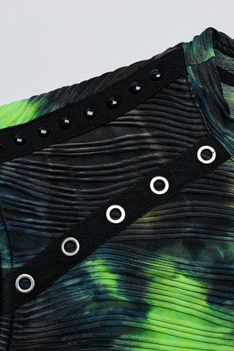 Black/Green Stand Collar Sleeveless Tie-dyed Men's Punk Vest - Product - 6