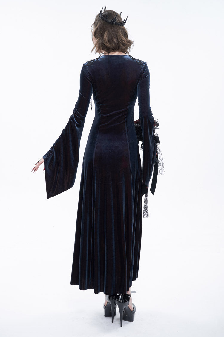 Black/Red Embroidered Fringe Flared Sleeve Long Women's Gothic Dress - Product - 4
