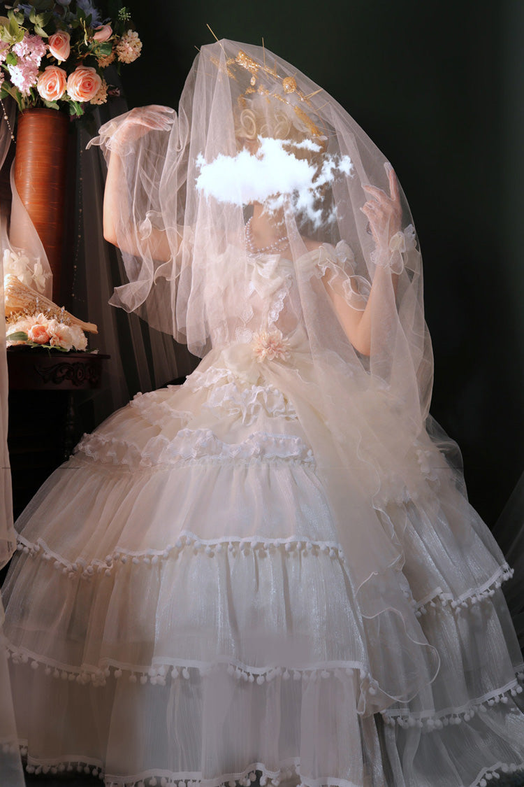 White Multi-Layered Ruffled Hanayome Bow Pearl-Decorated Sweet Lolita Jsk Dress Full Set 2 Versions - Product - 11