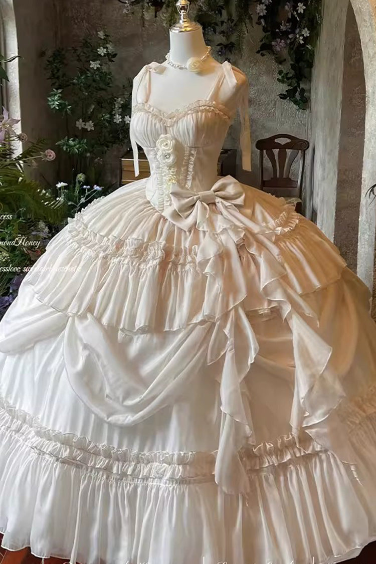 Apricot/Beige [Antique Bride] Sleeveless Multi-Layered Ruffled Bow Lace Sweet Elegant Gorgeous Full Skirt Lolita Jsk Dress - Product - 3