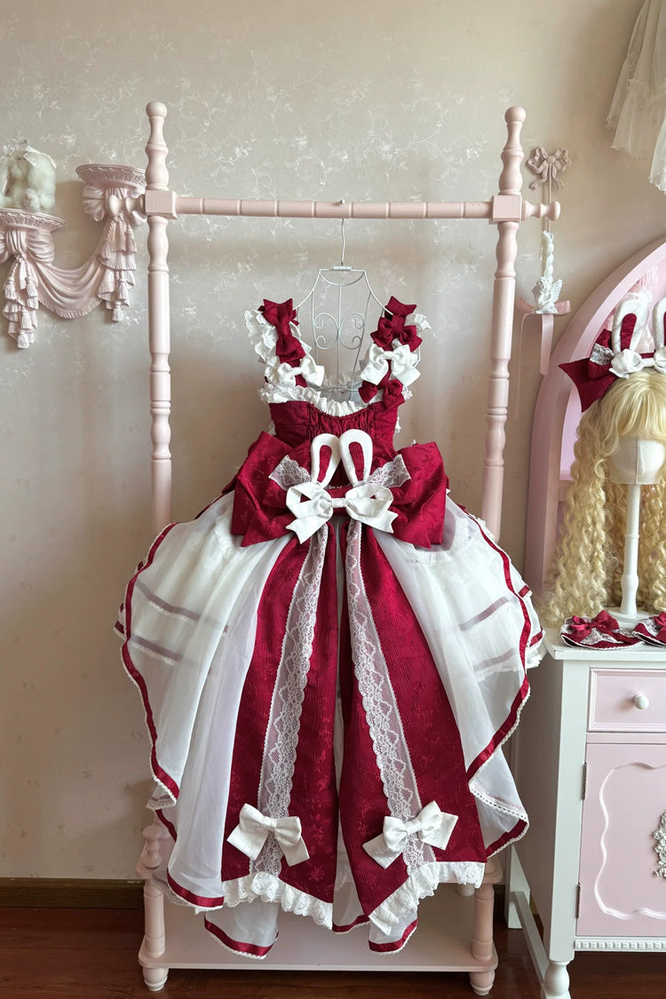 Red [Velvet Rabbit] Sleeveless Multi-Layered Ruffled Bow Sweet Lolita Jsk Dress Set - Product - 8