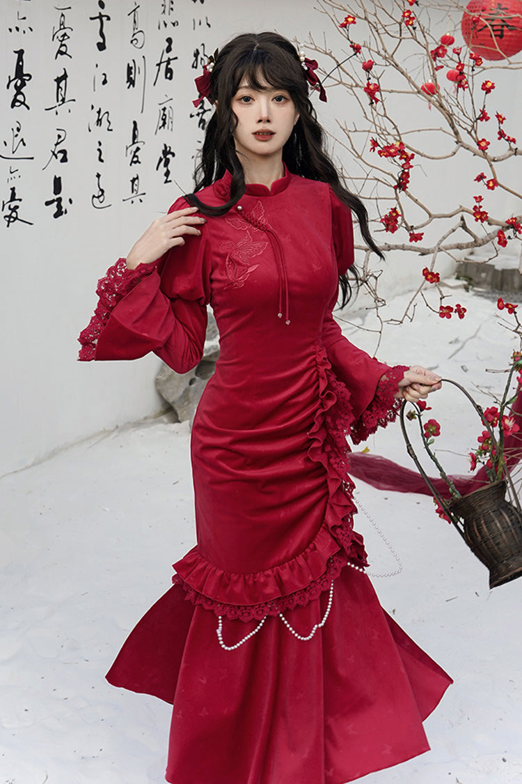 Red Long Sleeves Ruffle Embroidery Bowknot Lace Classic Chinese Style Elegant Lolita Dress - Product - 5