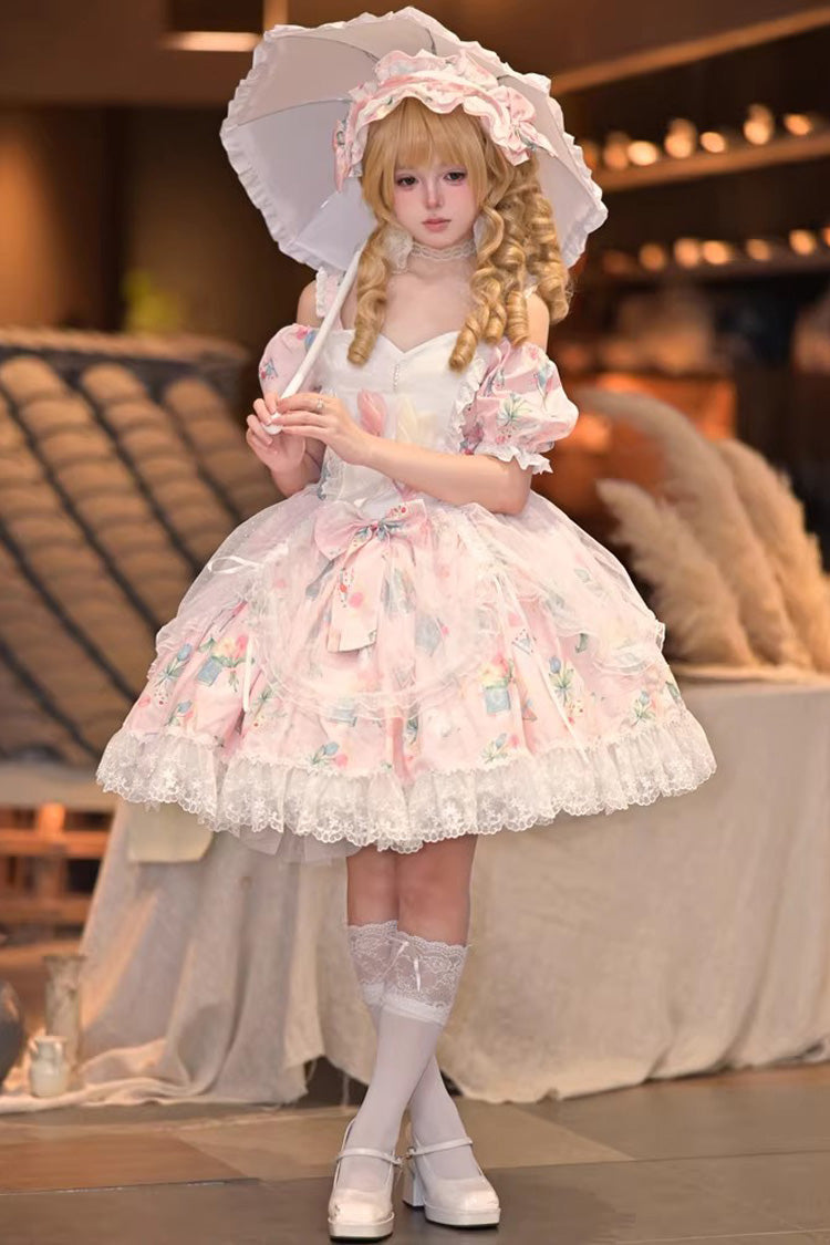 Pink [Tulip's Letter] Off Shoulder Short Sleeves Print Ruffle Bowknot Lace Sweet Elegant Lolita Dress - Pink - 1