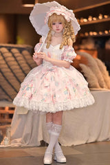 Pink [Tulip's Letter] Off Shoulder Short Sleeves Print Ruffle Bowknot Lace Sweet Elegant Lolita Dress - Pink - 1