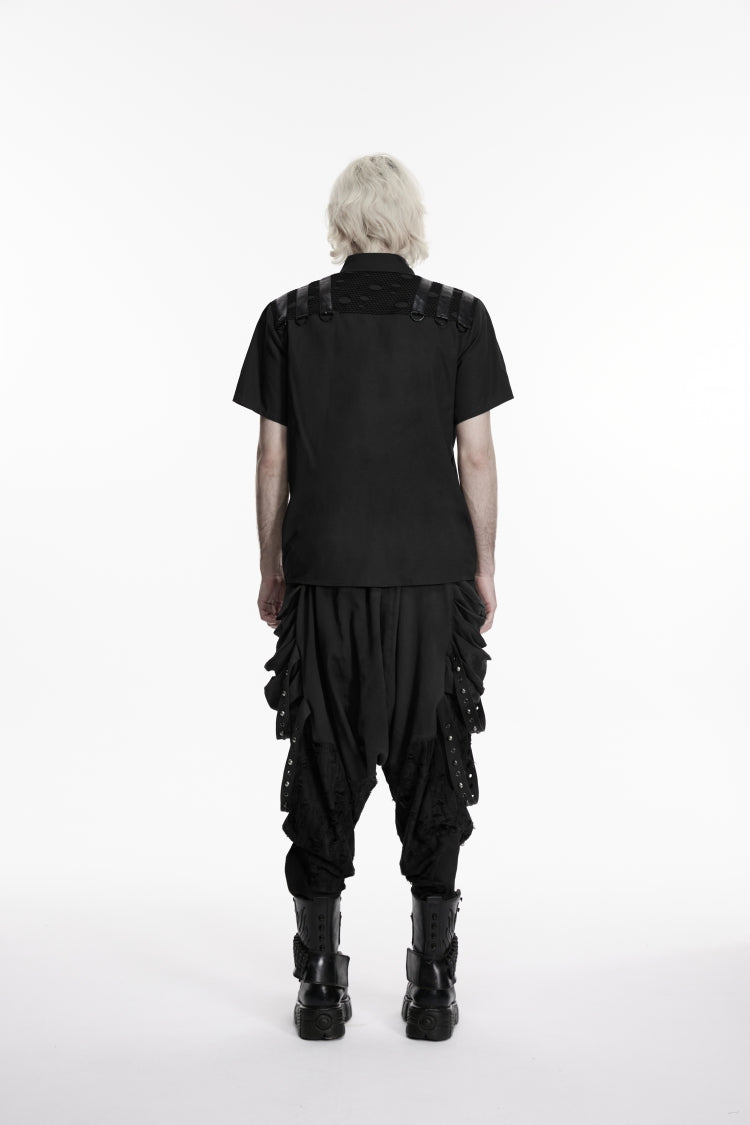 Black Lapel Collar Short Sleeves Cut-Out Spliced Men's Punk Shirt - Product - 4