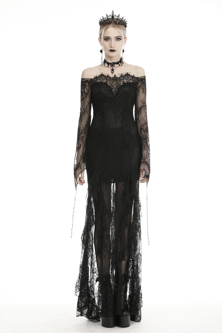 Black Off Shoulder Long Sleeves Lace Lace-Up Women's Gothic Mermaid Wedding Dress - Product - 5