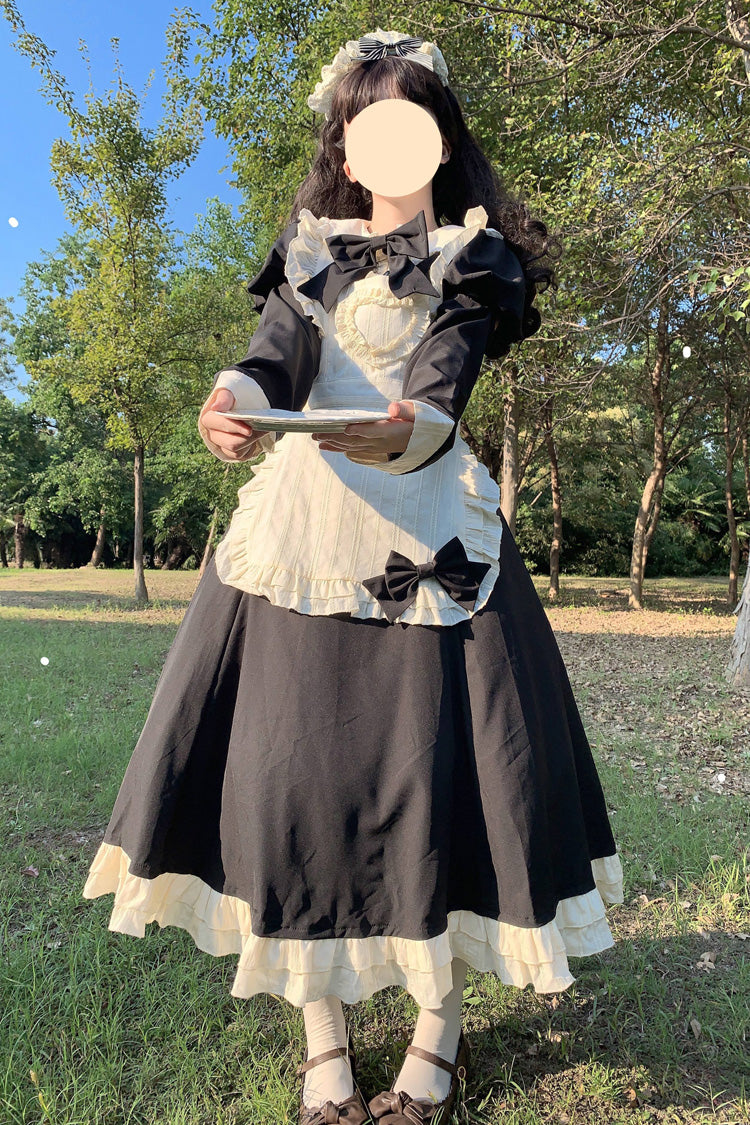 Black/White Maid Long Sleeves Ruffle Bowknot Stitching Sweet Long Lolita Dress - Black/White - 1