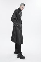 Black Stand Collar With Strap Split At The Hem Long Men's Gothic Coat - Product - 3
