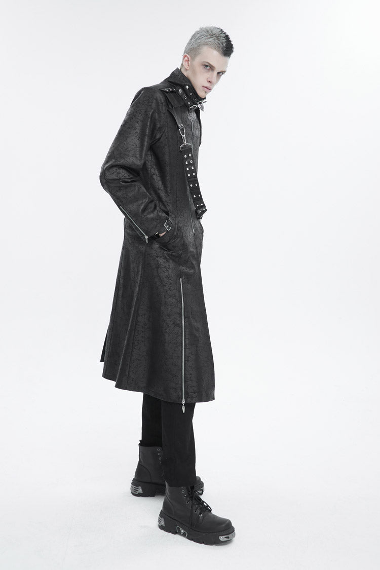 Black Stand Collar With Strap Split At The Hem Long Men's Gothic Coat - Product - 3