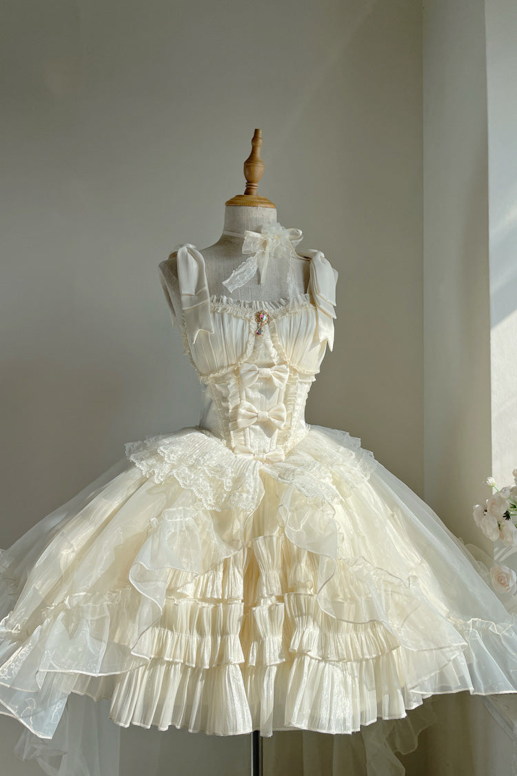 Apricot [Cream Cake] Sleeveless Multi-Layered Ruffle Bowknot Sweet Princess Lolita Jsk Dress Set - Product - 3