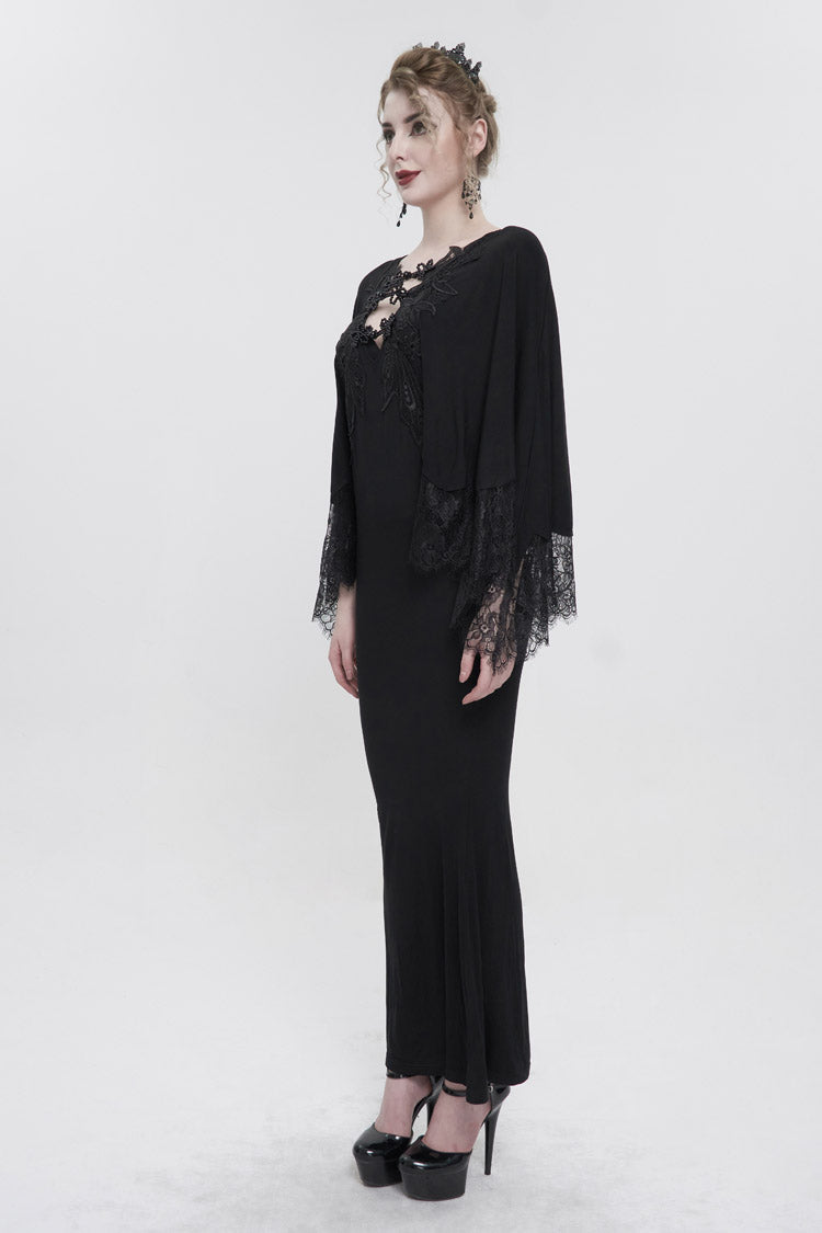 Black Deep V Neck Bat Sleeve Chest Appliqu Lace Bead Buckle Connection Small Fishtail Long Women's Gothic Dress - Product - 4