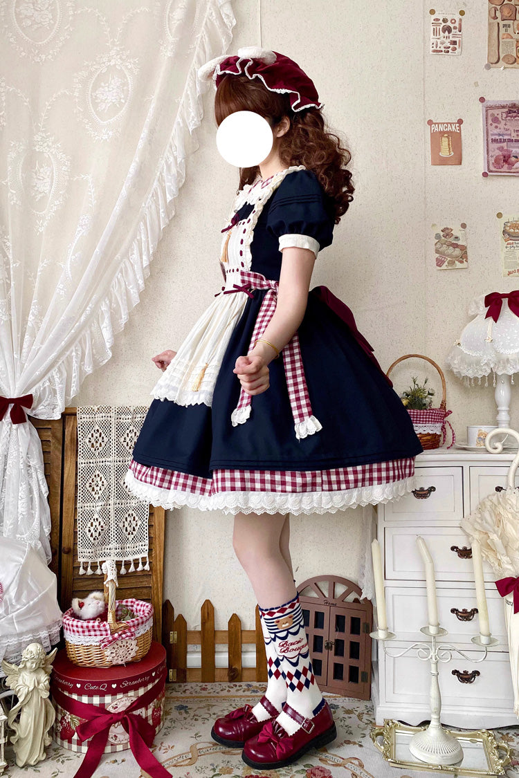 Blue/White [Alice's Picnic] Doll Collar Short Sleeves Printed Ruffled Sweet Lolita Dress - Product - 6