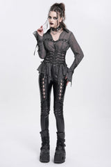 Black Long Sleeves Embroidery Lace-Up Irregular Sheer Women's Gothic Blouse - Product - 11