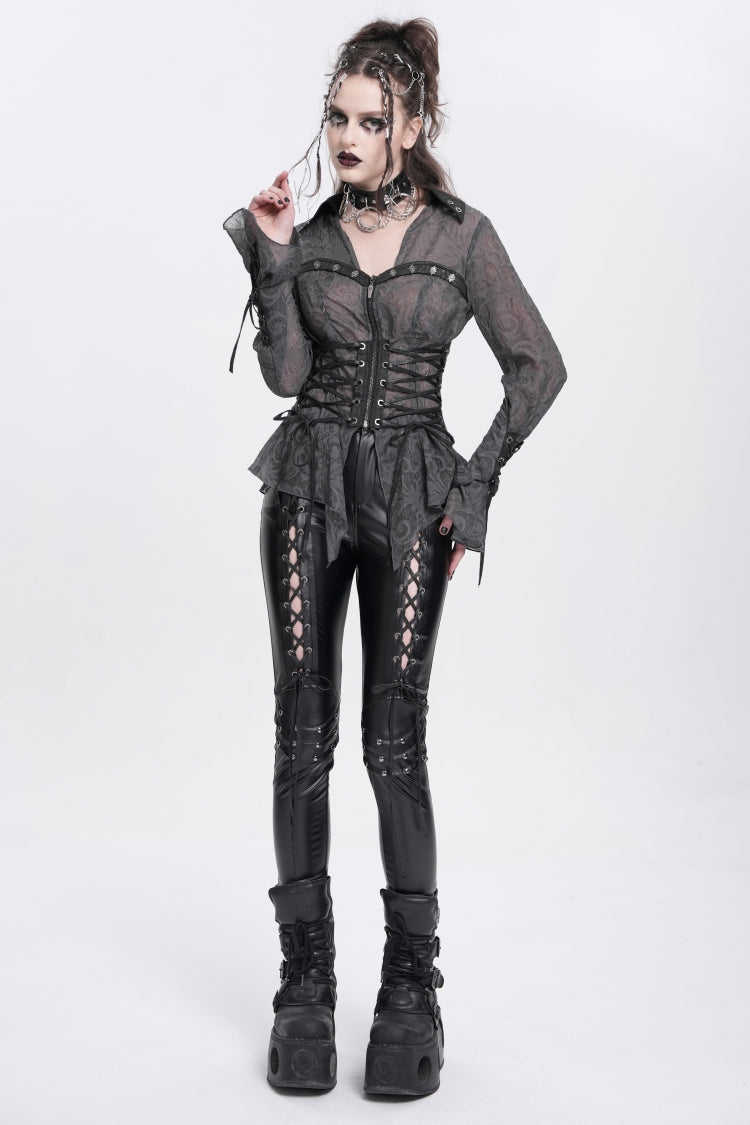 Black Long Sleeves Embroidery Lace-Up Irregular Sheer Women's Gothic Blouse - Product - 11