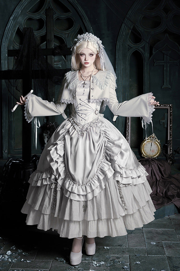 Solid Color [Bionic Doll] Square Collar Multi-Layered Ruffle Bowknot Lace-Up Gothic Lolita Long Skirt Corset Set - Solid-Color - 1