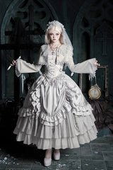 Solid Color [Bionic Doll] Square Collar Multi-Layered Ruffle Bowknot Lace-Up Gothic Lolita Long Skirt Corset Set - Solid-Color - 1