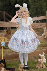 Light Blue [Alice’s Fantasy Tale] Doll Collar Short Sleeves Printed Bow Sweet Lolita Dress - Light-Blue - 1