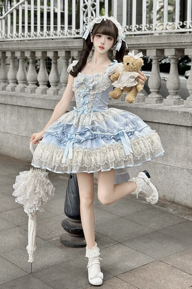Blue [Dreaming Butterfly] Multi-Layered Jacquard Ruffle Bowknot Lace Sweet Princess Lolita Jsk Dress - Product - 3