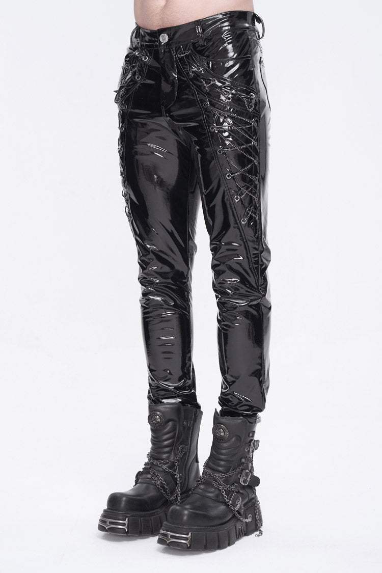 Black Lace Up Patent Leather Men's Punk Pants - Product - 4