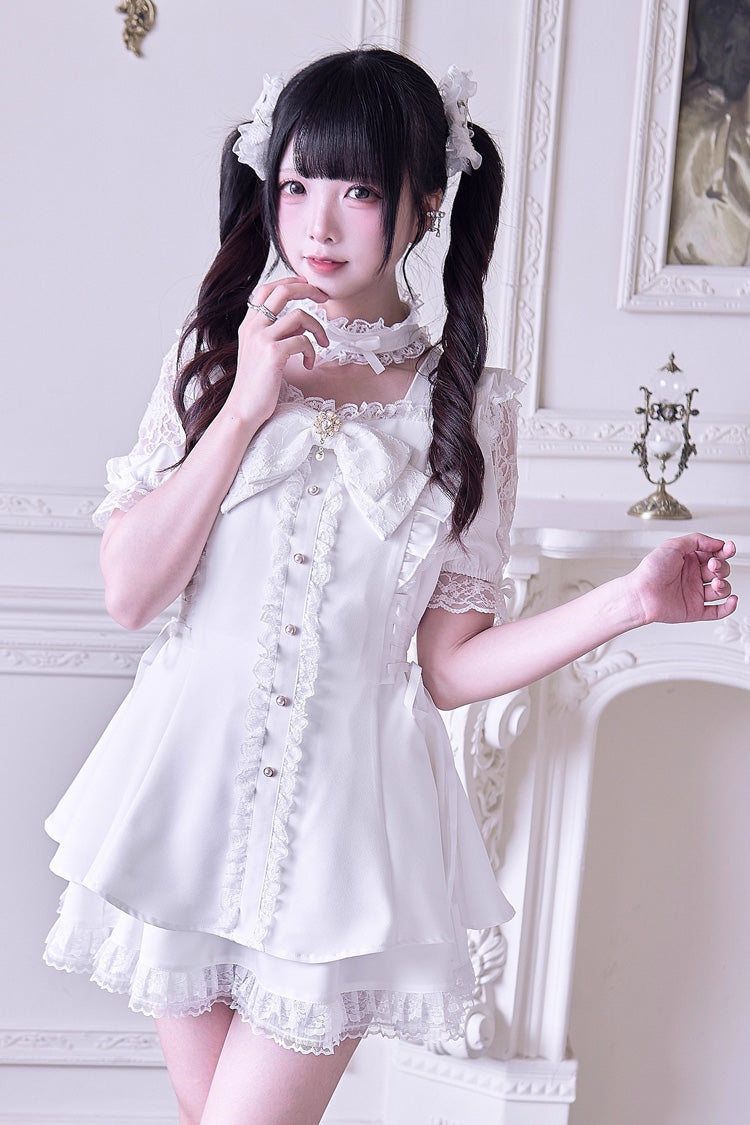 White [Waltz] Short Sleeves Ruffle Bowknot Gothic Jirai Kei Japanese Dress Set - Product - 2