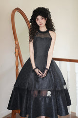 Black [Flowers in the Mist] Off Shoulder Halterneck Print Ruffle Gothic Elegant Lolita Dress - Product - 4