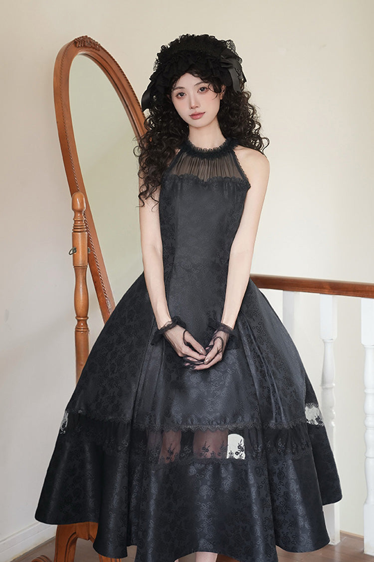 Black [Flowers in the Mist] Off Shoulder Halterneck Print Ruffle Gothic Elegant Lolita Dress - Product - 4