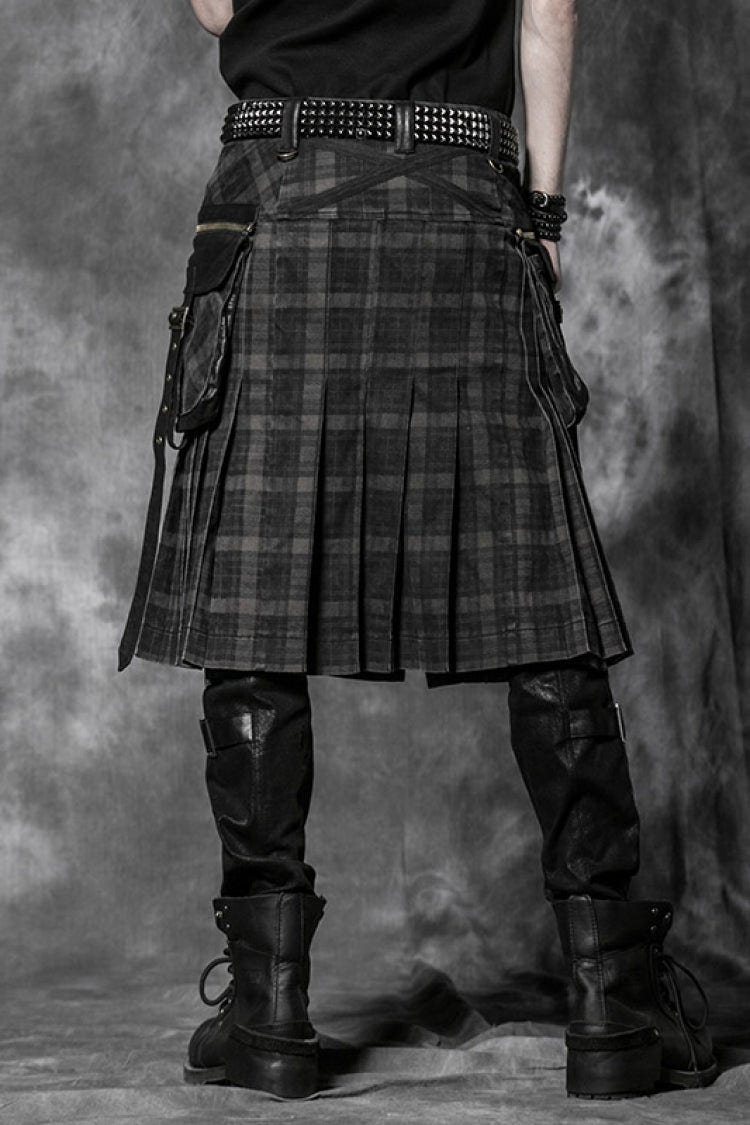 Black Plaid Print Ruffle Men's Steampunk Skirt - Product - 3